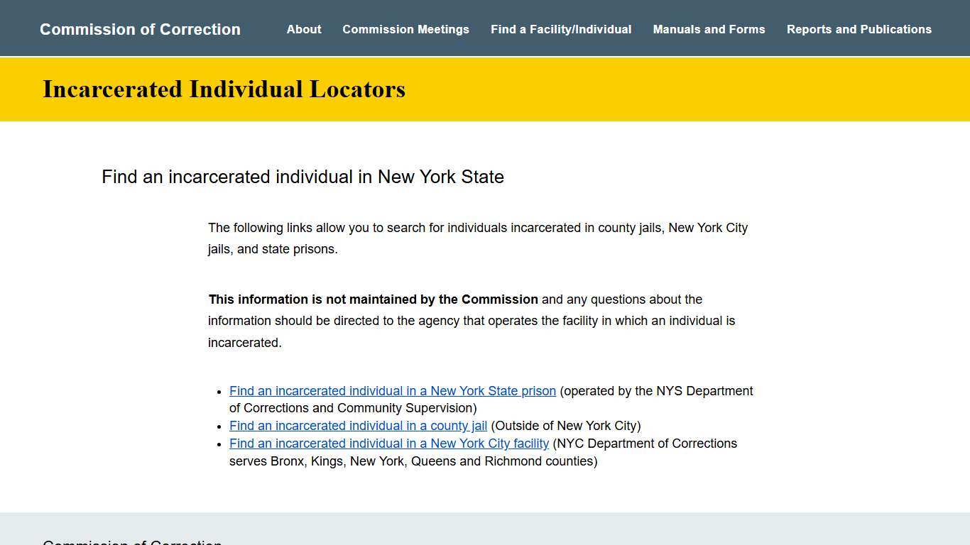 Incarcerated Individual Locators | Commission of Correction